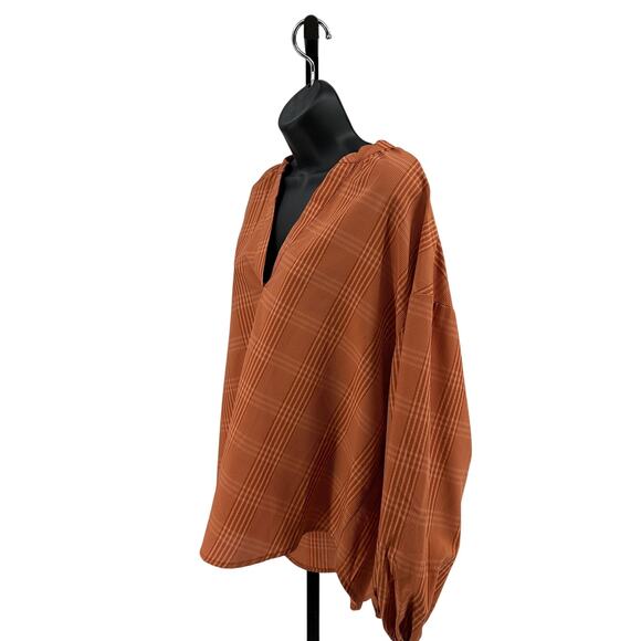 A New Day Popover Blouse WMNS XXL Rust Plaid Long Sleeve Office Work Top Shirt - Picture 5 of 10
